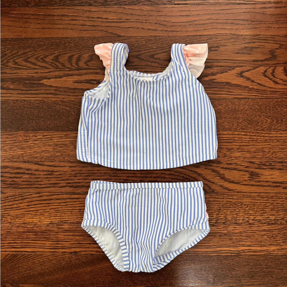 Ruffle Butts Baby Girl Swim 12-18 mo, blue & white seersucker bikini w/ pink